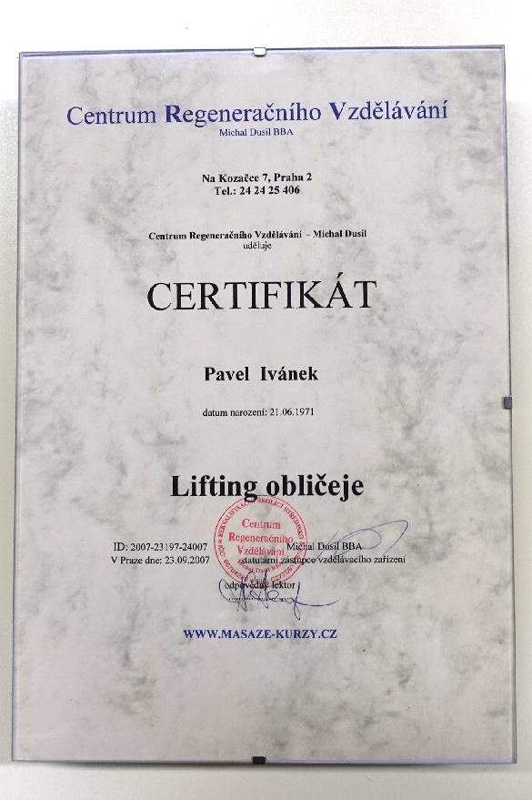 Certifikát – Lifting obličeje