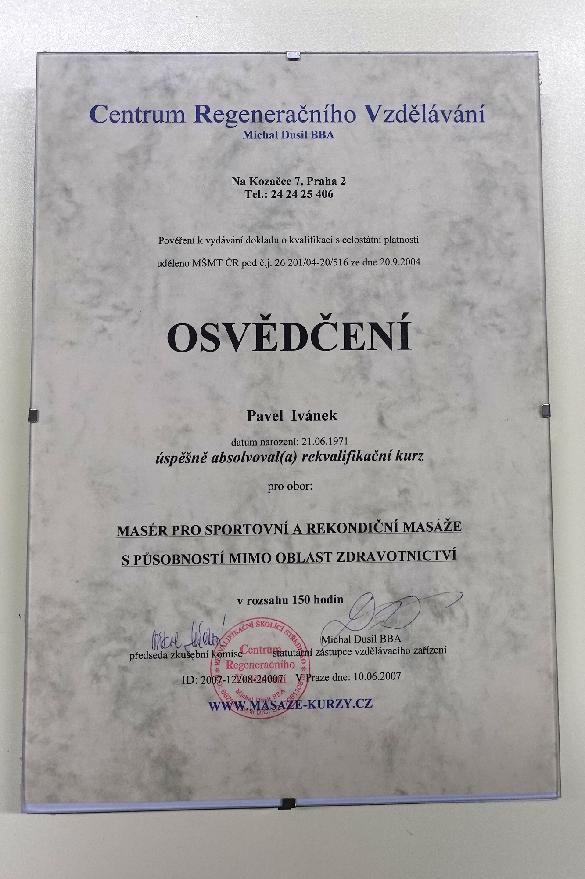 Osvědčení - Masér pro sportovní a rekondiční masáže